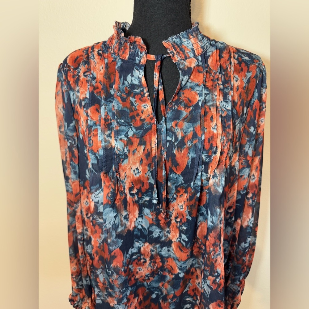 Sam Edelman~ Women’s Sheer Front Tie V-Neck long Sleeve Floral Blouse Size Large - Picture 3 of 11